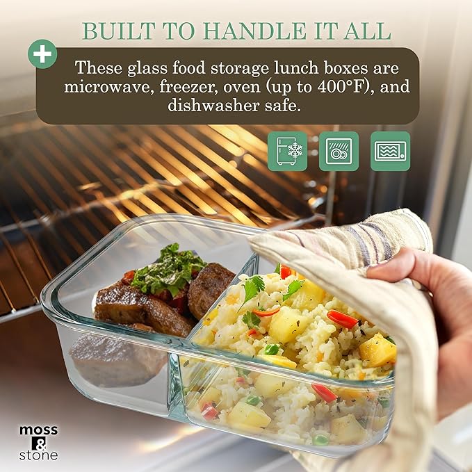 Moss and Stone Rectangular Borosilicate Glass Meal Food Containers - Prep Food Storage Containers Airtight - Snap Locking Lids – Microwave, Oven, Freezer, Dishwasher Safe – with 2 Compartment 2 Pack