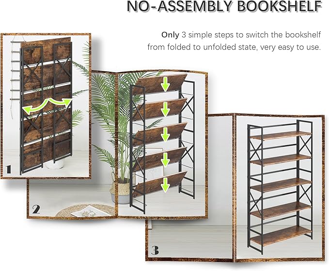 4NM Extra Wide 5 Tiers No Assembly Book Shelves, 51.2" H Folding Bookshelf Bookcase Open Industrial Foldable Shelves for Bedroom, Living Room, Home Office - Rustic Brown Black