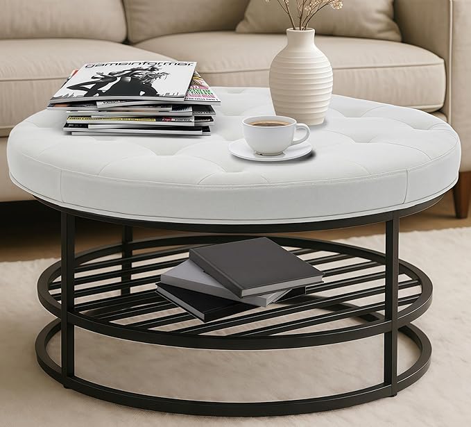 Ottoman Coffee Table with Upholstered Tufted Linen Fabric, Round Center Table with Storage Large Footrest Ottoman for Living Room Cream White
