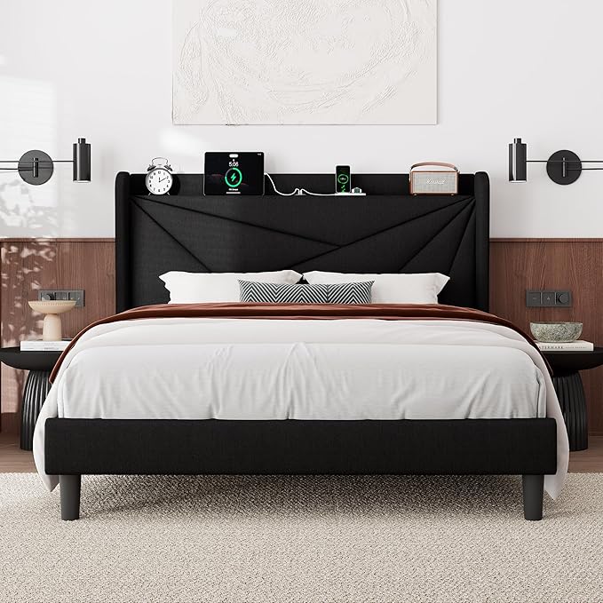 Feonase Queen Size Bed Frame with Charging Station, Linen Upholstered Platform Bed Frame with Wingback Storage Headboard, Solid Wood Slats Support, No Box Spring Needed, Noise Free, Black