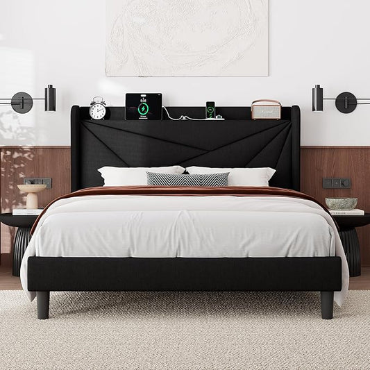 Feonase Queen Size Bed Frame with Charging Station, Linen Upholstered Platform Bed Frame with Wingback Storage Headboard, Solid Wood Slats Support, No Box Spring Needed, Noise Free, Black