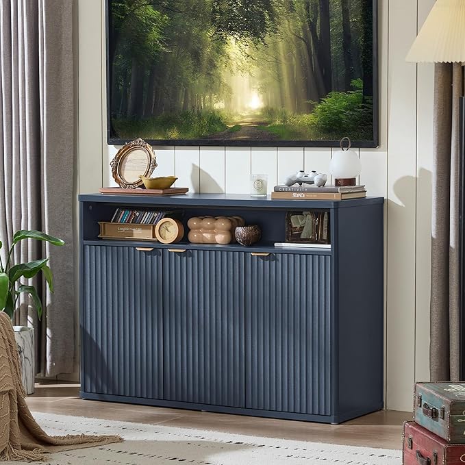 LEYAOYAO Fluted Buffet Cabinet with Storage, 45" Wide Wood Sideboard Credenza with 3 Doors & Open Storage Shelf, Modern Kitchen Console Accent Cabinets, Coffee Bar Table for Dining Room, Dark Blue