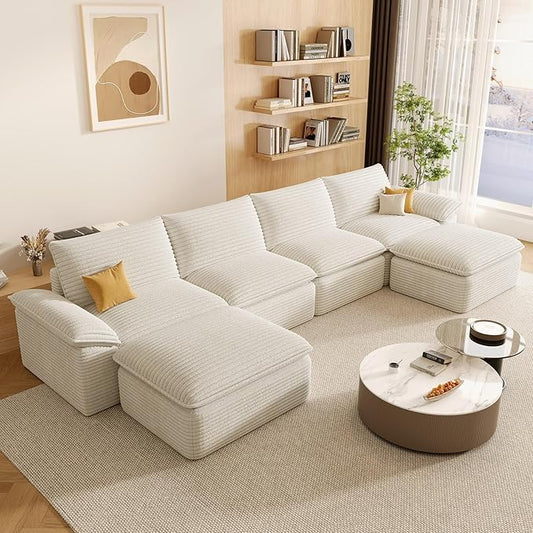 142" Cloud Sectional Couch with U-Shaped Chaise, Corduroy Sectional Sofa with Ottoman, Boneless Couch with Deep Seat in a Box for Living Room, No Assembly Required (White)