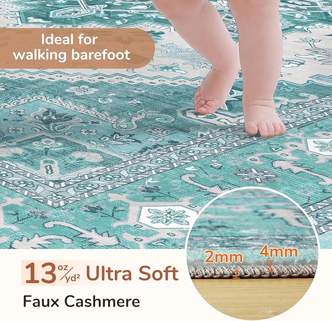 OPPODREAM Thin Area Rugs 9x12 Living Room, Washable Rugs 9x12 with Non Slip Backing, Faux Cashmere Low-Pile 9 x 12 Carpet, Teal & Turquoise & Cream