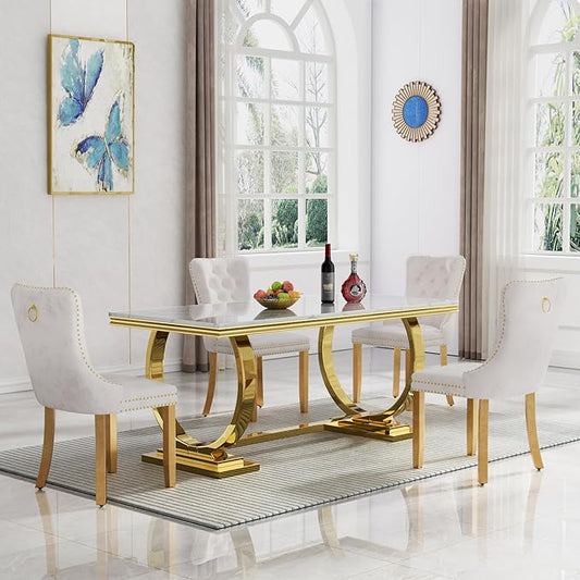 5 Piece Marble Dining Table Set for 4, Luxury White Marble Gold Kitchen Table with 4 Beige Velvet Upholstered Chairs, Modern 4 Person Dining Room Table Set for Kicken Dining Office Room