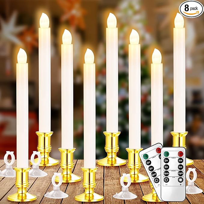YAUNGEL Window Candles, 8 Pack LED Battery Operated Christmas Candles for Windows with Remote Timer Electric Candle Lights with Removable Candle Holders Suction Cups for Christmas Decorations