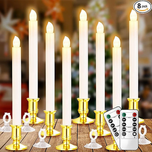 YAUNGEL Window Candles, 8 Pack LED Battery Operated Christmas Candles for Windows with Remote Timer Electric Candle Lights with Removable Candle Holders Suction Cups for Christmas Decorations