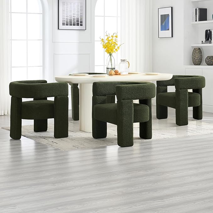 Sherpa Barrel Dining Chairs Set of 4, Upholstered Boucle Accent Kitchen Chairs with Arms, Comfy Faux Fur Side Chair Modern Armchair for Dining Room, Bedroom, Home Office, Green