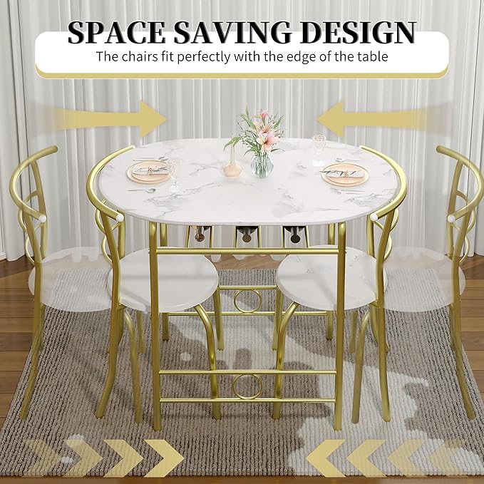 VECELO 3-Piece Dining Table Set for Kitchen Breakfast Nook, Wood Grain Oval Tabletop and Metal Frame with Built-in Wine Rack, for Small Spaces, White & Gold