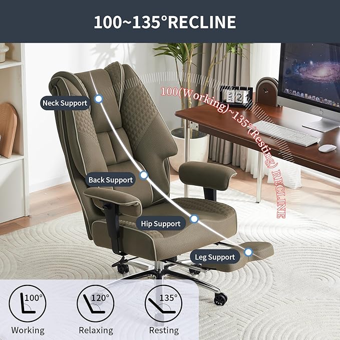 Big and Tall Office Chair 400lbs Wide Seat, Leather High Back Executive Office Chair with Lumbar Support, Ergonomic Chairs Padded Armrests & Thick Cushion (Mesh Green)