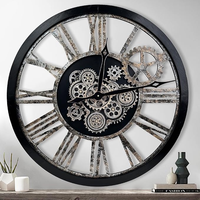 The B-Style Large Real Moving Gears Wall Clock 30 inch Rustic Retro Industrial Farmhouse Wood Clock Oversized Decorative Vintage Wall Clocks for Living Room (Black and Bronze)