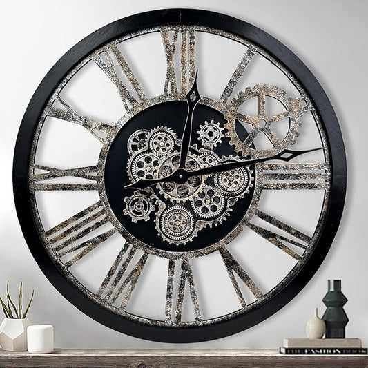 The B-Style Large Real Moving Gears Wall Clock 30 inch Rustic Retro Industrial Farmhouse Wood Clock Oversized Decorative Vintage Wall Clocks for Living Room (Black and Bronze)