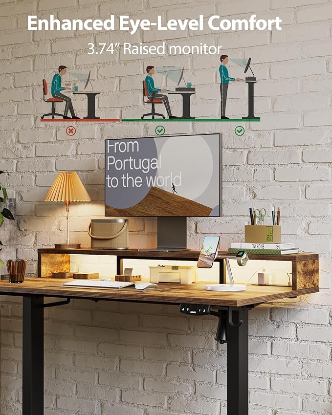 Electric Height Adjustable Standing Desk with Power Outlet and LED Light Strip, Sit to Stand, Ergonomic 48x24" Rising Desk with Memory Presets, Home Office Workstation, Computer Gaming Table, Brown