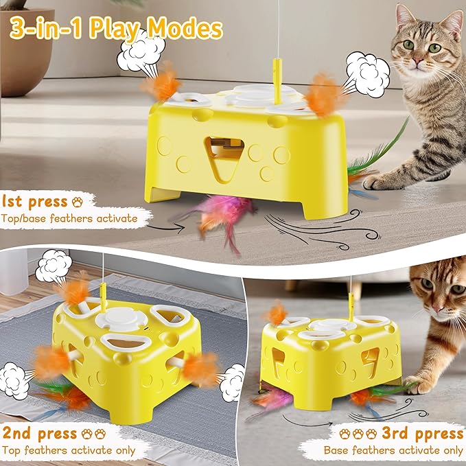 Interactive Cat Toy for Indoor Cats, Enrichment Stimulation Kitten Toys,Flying Bird,6 Holes Mole,Rotating Feather, USB Rechargeable Electronic Interactive Feather Toy for Bored Adult & Kitten Cats