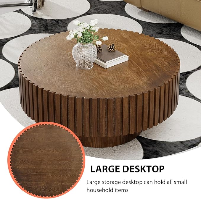 Round Coffee Table, Handcrafted Fluted Drum Coffee Tables Modern Wood Coffee Table Circle Drum Center Table for Living Room, Apartment (Round Brown)