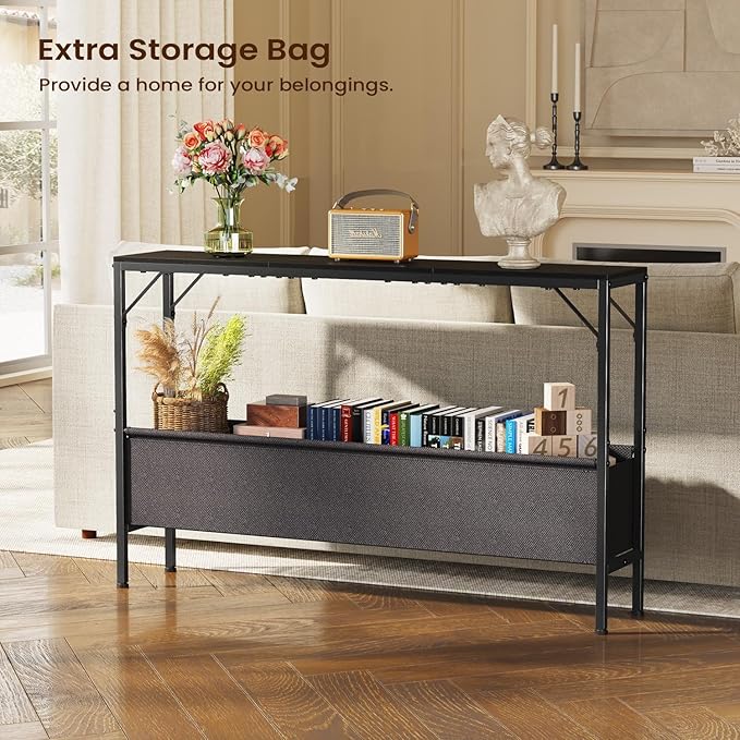 Narrow Console Table with Storage Basket, 47.2'' Behind The Couch Table, Entryway Table, Skinny Console Table, Small Sofa Table, Display Table for Hallway, Foyer, Living Room, Black