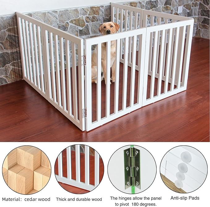 ZJSF Freestanding Indoor Dog Gate for House Foldable Wood White Puppy Gate for Doorways Pet Gate for Stairs Extra Wide Pet Fence 32" Height 6 Panels