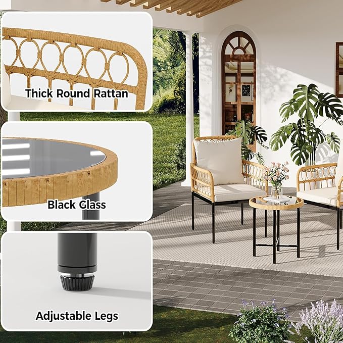 3-Piece All-Weather Wicker Rattan Bistro Patio Furniture Set with Glass Table and Thick Cushions, Beige - Ideal for Balcony, Garden, Backyard, and Poolside Conversation