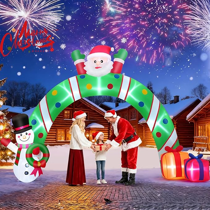 10.3Ft Christmas Inflatable Archway Outdoor Decoration, Blow up Giant Christmas Arch Tunnel with Inflatable Santa/Snowman/Gift Box, Outside Christmas Decorations for Yard Lawn Party Xmas Shopping Mall