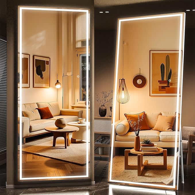 Full Length Mirror with Lights, 83" x 36" Large LED Lighted Floor Standing Body Mirror, Dimmable & 3 Color Lighting for Bedroom, Cloakroom, Dressing Room, Leaning & Hanging, Square Black