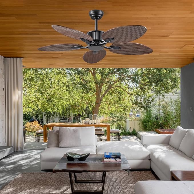 50 Inch Tropical Ceiling Fan no Light, Outdoor Waterproof Palm Leaf Ceiling Fans for Patios Porches, Remote +APP Control, Wet Rated, 6 Speeds, Quiet, Dark Brown