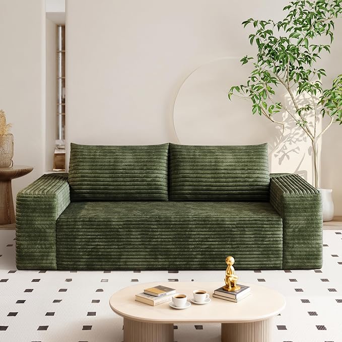 71" Corduroy Loveseat Sofa, 3-Seater Cloud Couch, Boneless Couch in a Box, Comfy Deep Seat Sofa with Memory Foam, Pillows and Wide Armrests, Modern Small Couches for Small Spaces, No Assembly (Green)