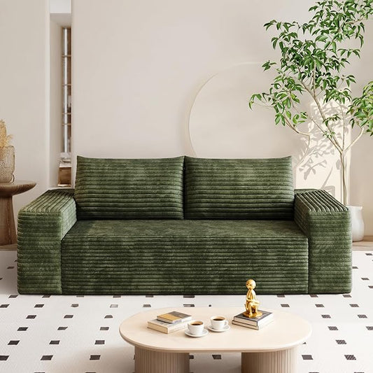 71" Corduroy Loveseat Sofa, 3-Seater Cloud Couch, Boneless Couch in a Box, Comfy Deep Seat Sofa with Memory Foam, Pillows and Wide Armrests, Modern Small Couches for Small Spaces, No Assembly (Green)