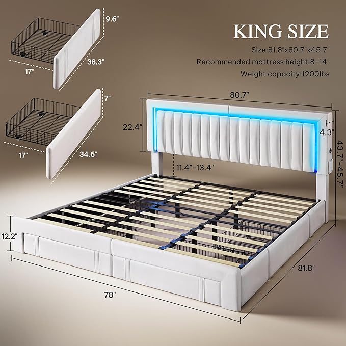 DWVO King Size Bed Frame with Adjustable Headboard, 4 Storage Drawers and RGB LED Lights, Velvet Upholstered Platform Bed with USB Ports, No Box Spring Needed, Fast Assembly, Noise-Free, White