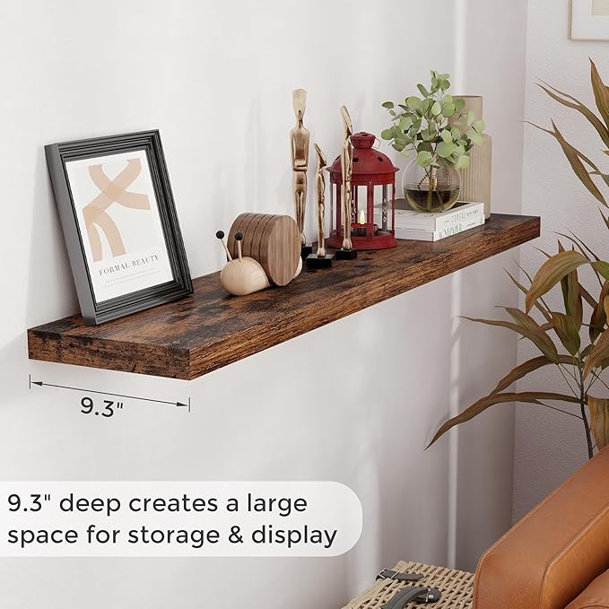 Fun Memories 55 Inch Floating Shelves for Wall, 55x9.3 Large Floating Shelf for Bedroom, Kitchen, Bathroom, Wall Mounted Rustic Wood Shelves with Invisible Bracket for Books, Decor, Rustic Brown
