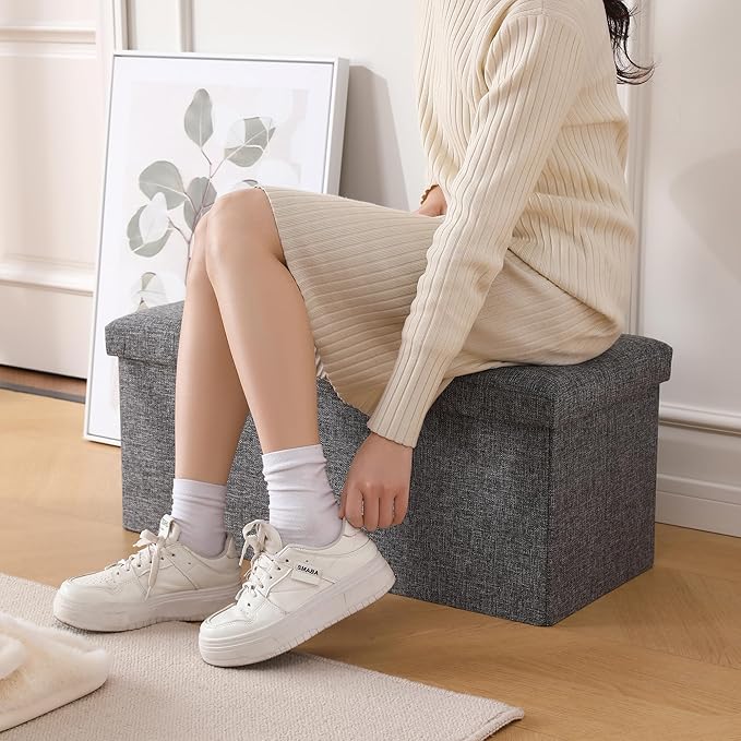 CUYOCA Storage Ottoman Bench Foldable Seat Footrest Shoe Bench End of Bed Storage with Flipping Lid, 75L Storage Space, 30 inches Linen Fabric Dark Grey