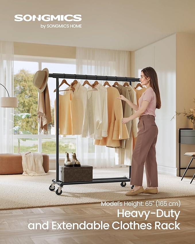 SONGMICS Clothes Rack with Wheels, Heavy-Duty Clothing Rack for Hanging Clothes, Portable, 17.7 x (36.2-52) x 63.6 Inches, with Extendable Rail, 220 lb Load Capacity, Black UHSR13BKV1