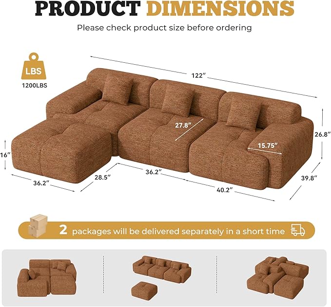122" Modern L Shaped Modular Sectional Sofa, Boneless Couches for Living Room with Ottoman,4 Seater Convertible Chenille Cloud Couch Sofa Set, No Assembly Required, Orange 1 PCS