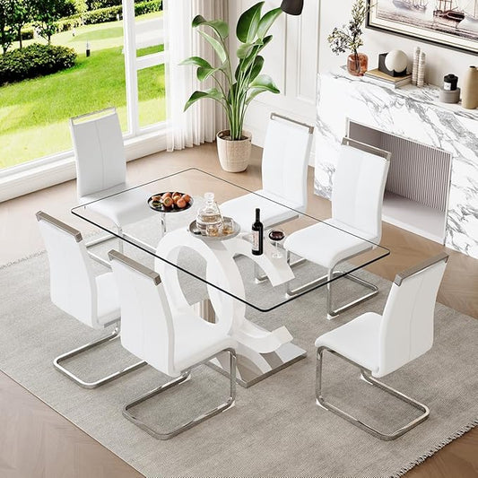 63'' Glass Dining Table Set for 6, Kitchen Table Chairs Set of 6, Clear Glass Dining Table with White unique design Leg and Silver Metal Base, 6 PU Dining Chairs with Metal Legs, Living Room, Kitchen.
