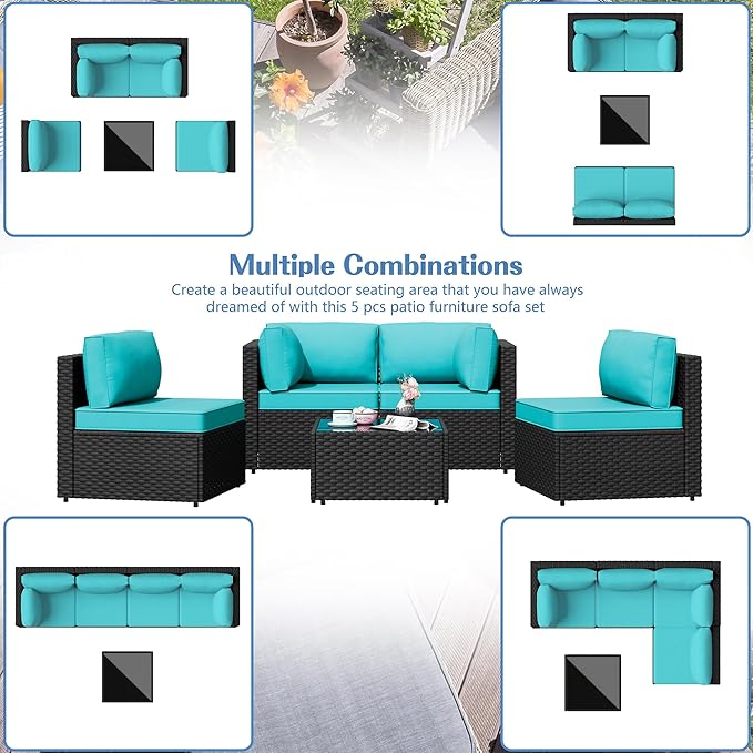 Shintenchi 5 Pieces Outdoor Patio Sectional Sofa Couch, Black PE Wicker Furniture Sets, Patio Conversation Sets with Washable Cushions Glass Coffee Table for Garden, Poolside, Backyard,Blue