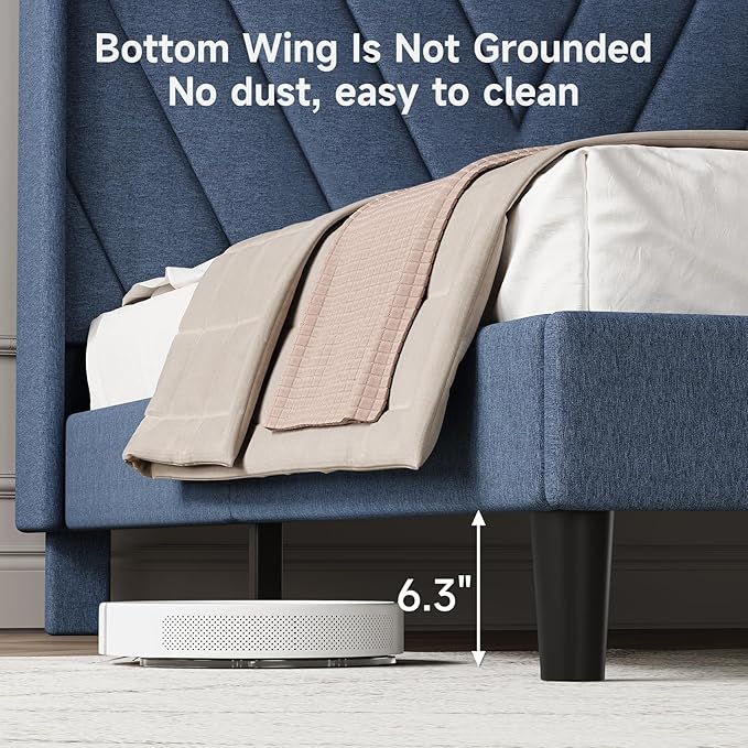 koorlian Queen Bed Frame with Headboard, Adjustable Upholstered Platform Bed Frame with Type-C&USB Ports, Wingback Storage Headboard, Solid Wood Slats Support, No Box Spring Needed, Dark Blue