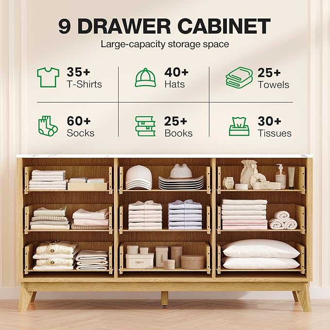 57" Wide Storage Cabinet, Fluted Chest of Drawers with Curved Edges, Wooden Buffet Cabinet with 9 Drawers, Modern Credenza with Faux Marble Top for Living Room, Hallway, Natural