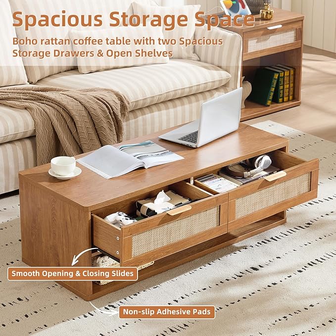 LEYAOYAO Boho Rattan Coffee Table Sets 2 Pieces, Nightstand with Charging Station and Coffee Table with Hidden Storage Compartment, Brown Living Room Table Set, Wood Furniture Sets for Home Office