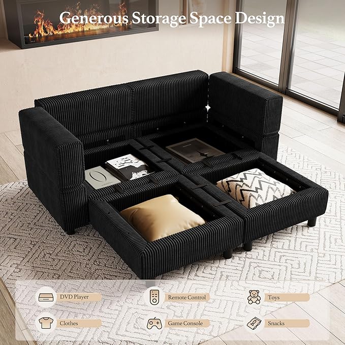 63" Modular Sectional Sofa with Storage Seat,Corduroy Sectional Couch Convertible 4 Seat Modular Sleeper Sofa Couch with Movable Ottoman Chaise,Comfy Sectional Couches for Living Room,Black