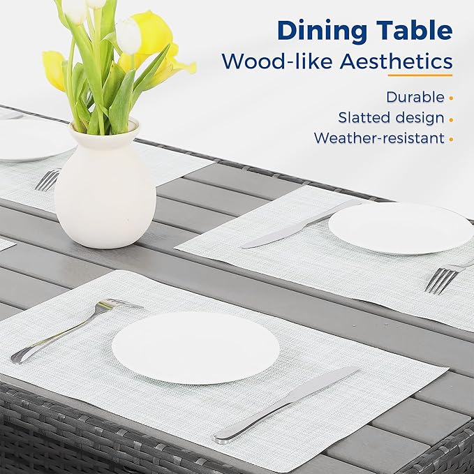 Wisteria Lane Outdoor Patio Furniture Set, 7 Piece Outdoor Dining Sectional Sofa with Dining Table and Chair, All Weather Wicker Conversation Set with Ottoman,Blue