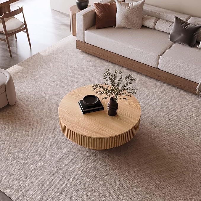39'' Large Round Coffee Table with Storage, Fluted Coffee Table with Solid Wood Veneered, Mid Century Modern Wooden Center Table, Accent Tea Table for Living Room Apartment, Natural
