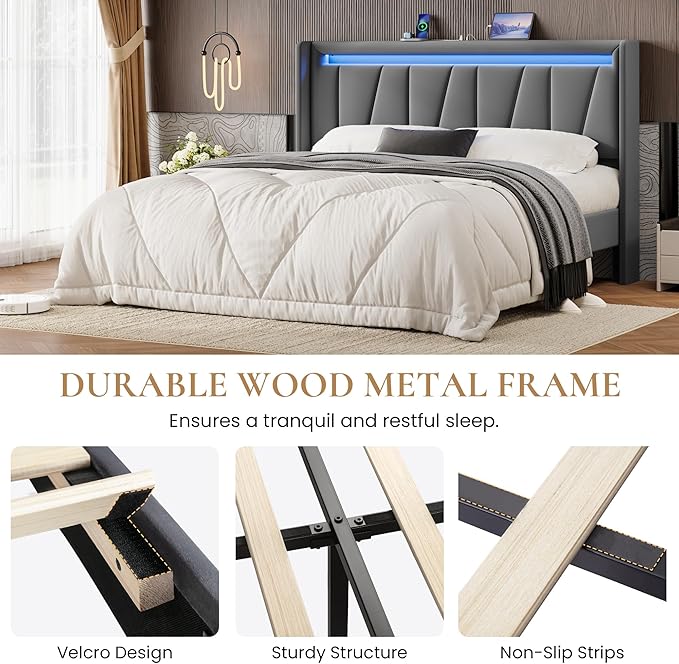 SHA CERLIN Full Size Bed Frame with Charging Station and LED Lights, Modern Velvet Platform Bed with Upholstered Geometric Wingback Headboard, No Box Spring Needed, Easy Assembly, Grey