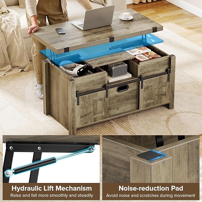 40" Farmhouse Lift Top Coffee Table with Sliding Barn Door,4 in 1 Multi-Function Coffee Tables with Storage Drawers & Hidden Compartment,Converts to Dining Table for Living Room,Grey