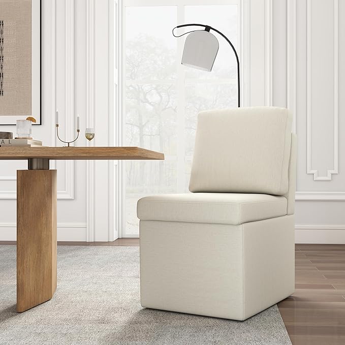 VKNOW Upholstered Dining Chairs Set of 4, Modern Kitchen Chairs with Storage, Linen Armchair Dinner Chair for Kitchen Dining Room Office Bedroom, Beige