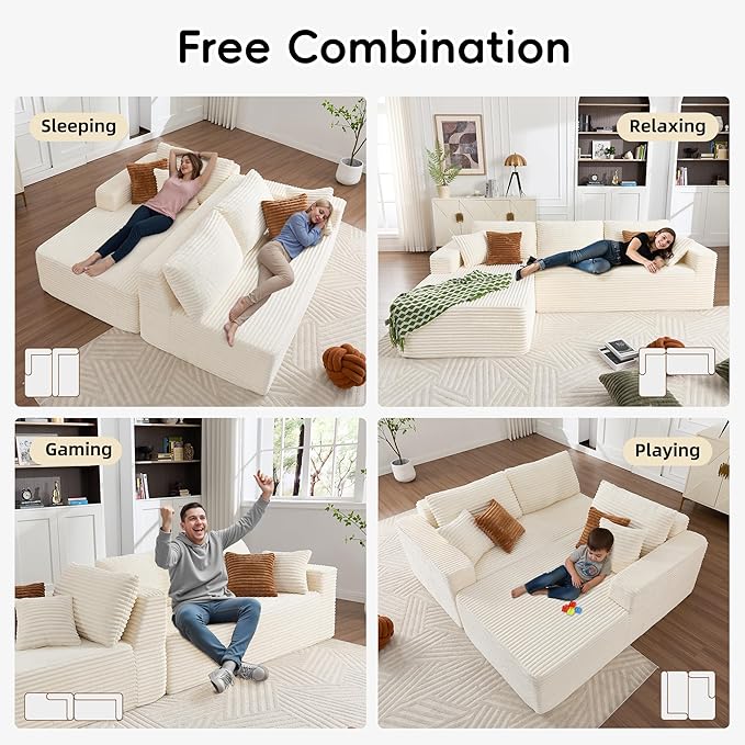 108" Boneless Couches for Living Room, Modular Sectional Sofa with Oversized Chaise, L-Shape Cloud Couch with Deep Seat, High-Density Memory Foam, No Assembly Required, Plush Corduroy Beige