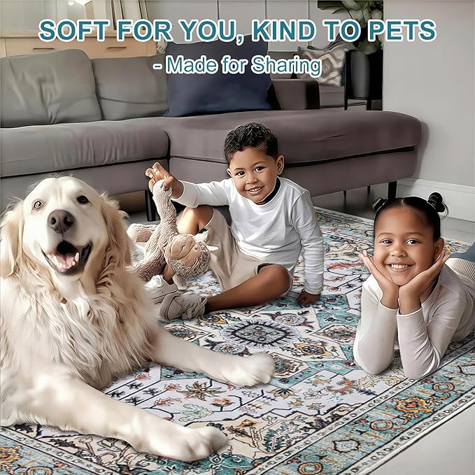 WILLSUN Washable Area Rugs, 9x12 Non-Slip Boho Large Area Rugs for Living Room, Bedroom, Machine Washable Vintage Rug, Indoor Floral Print Carpet for Home Decor, Kid & Pet Friendly Mat