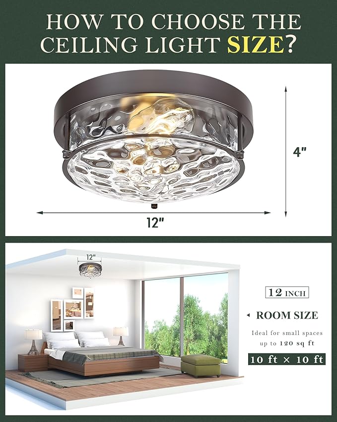 12-Inch Flush Mount Ceiling Light, Modern Farmhouse Style with Hammered Glass Shade, Oil Rubbed Bronze Finish, Ideal for Living Room, Bedroom, or Dining Room – Model CKCL4822-2W-HGORB