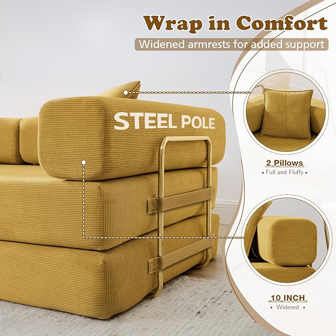 Antetek Convertible Futon Sofa Bed, 3-Seater Modern Corduroy Foam Floor King Size Bed Foldable Sleeper Lounge Loveseat Sofa Couch with 2 Throw Pillows for Living Room Bedroom Guest Room, Yellow