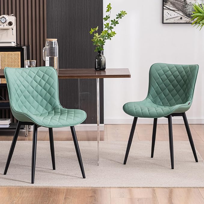 YOUTASTE Light Green Dining Chairs Set of 2 Mid Century Modern PU Leather Diamond Upholstered Accent Guest Dinner Chair with Back Metal Legs for Kitchen Living Reception Waiting Room