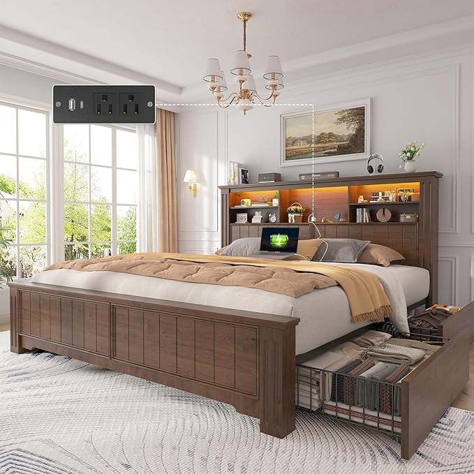 EnHomee Queen Bed Frame with 4 Storage Drawers, Bed Frame Queen Size with Headboard, Queen Bed with LED Lights & Charging Ports,No Box Spring Needed,NO Noise,Wooden, Brown
