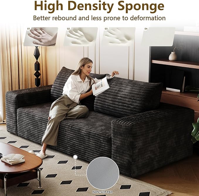 63" Boneless Loveseat Sofa - Cloud Couch with Memory Foam, Comfy Deep Seat - Corduroy Floor Sofa, No Assembly Required - Small Space Friendly for Living Room, Bedroom, Apartment, Black